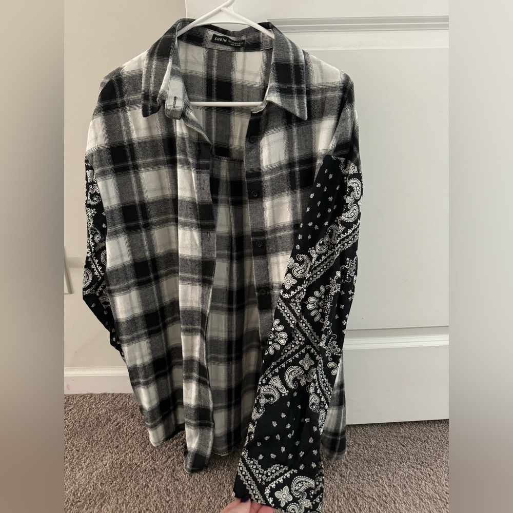 Black and White Plaid shacket with paisley sleeves